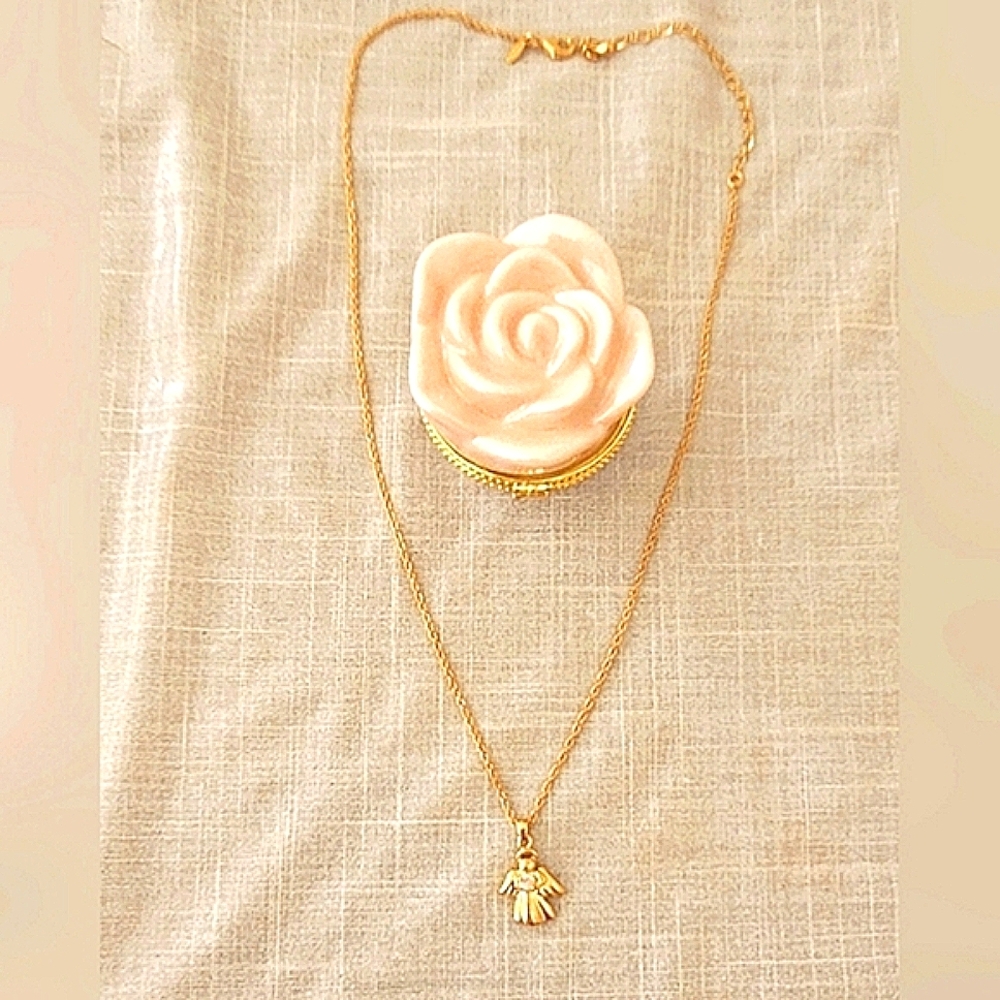 Avon Angelic Celtic Necklace in Mary Kay Ceramic Pink Rose Trinket Box